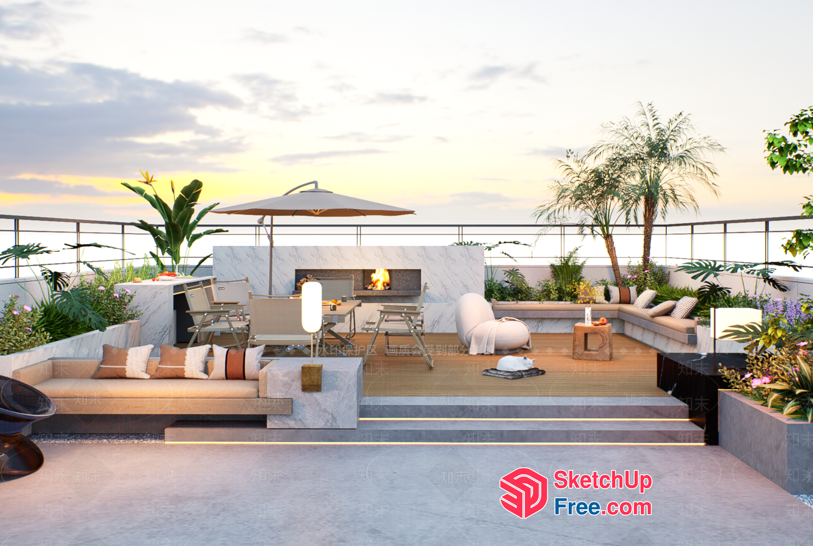 Rooftop Terrace With Fireplace And Outdoor Seating 3D SketchUp File