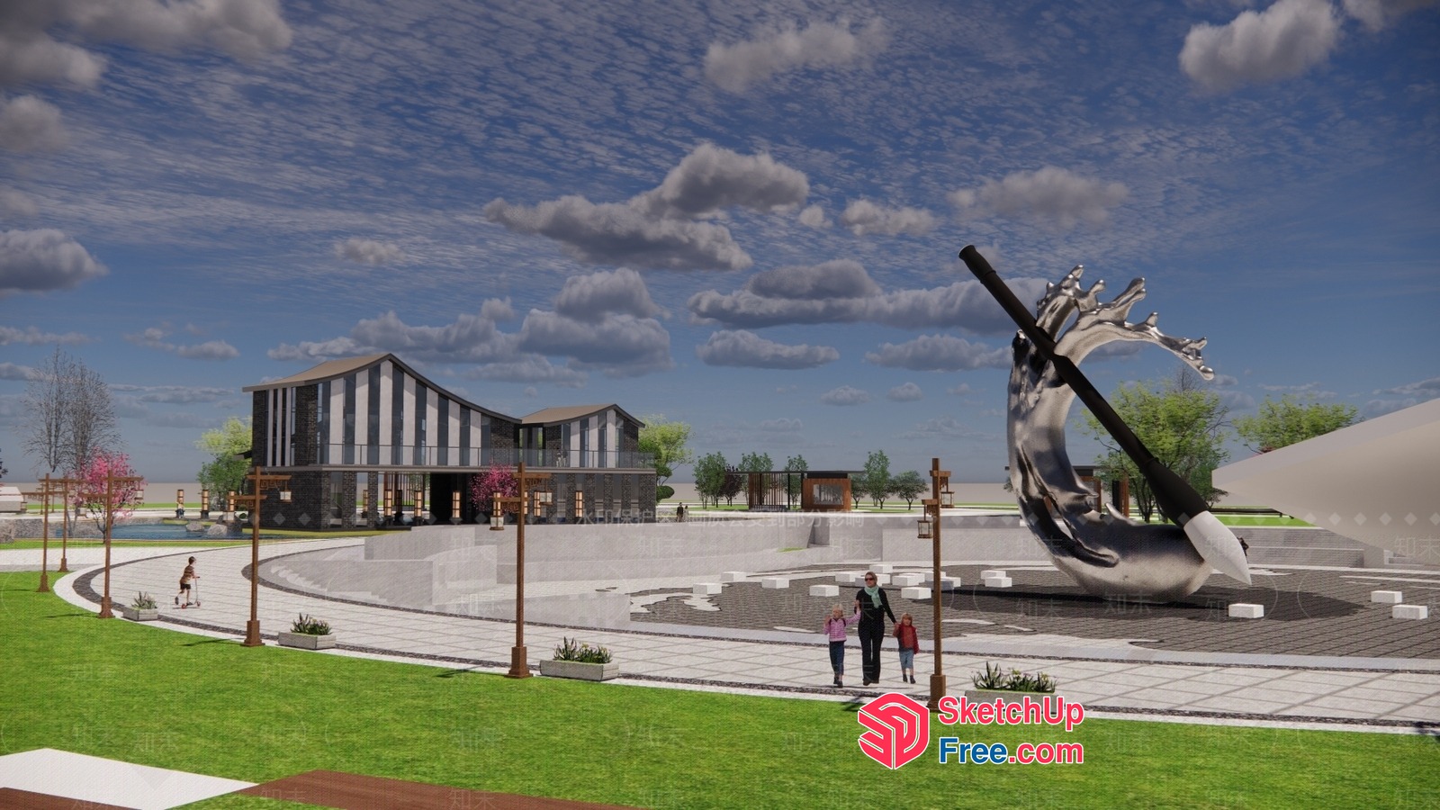 Modern Park With A Large Sculpture And Building 3D SketchUp File