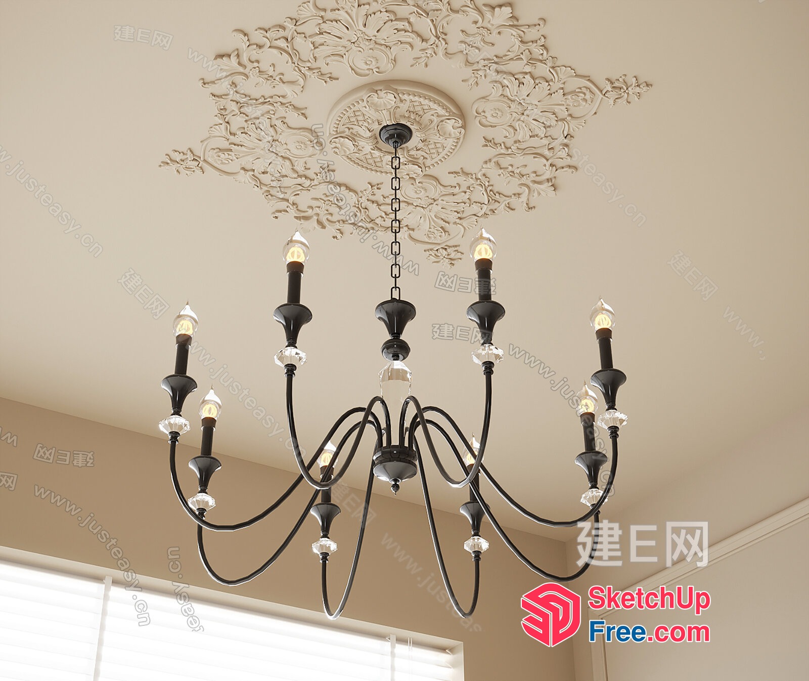 Elegant Black Chandelier With Ornate Ceiling Decoration 3D SketchUp File