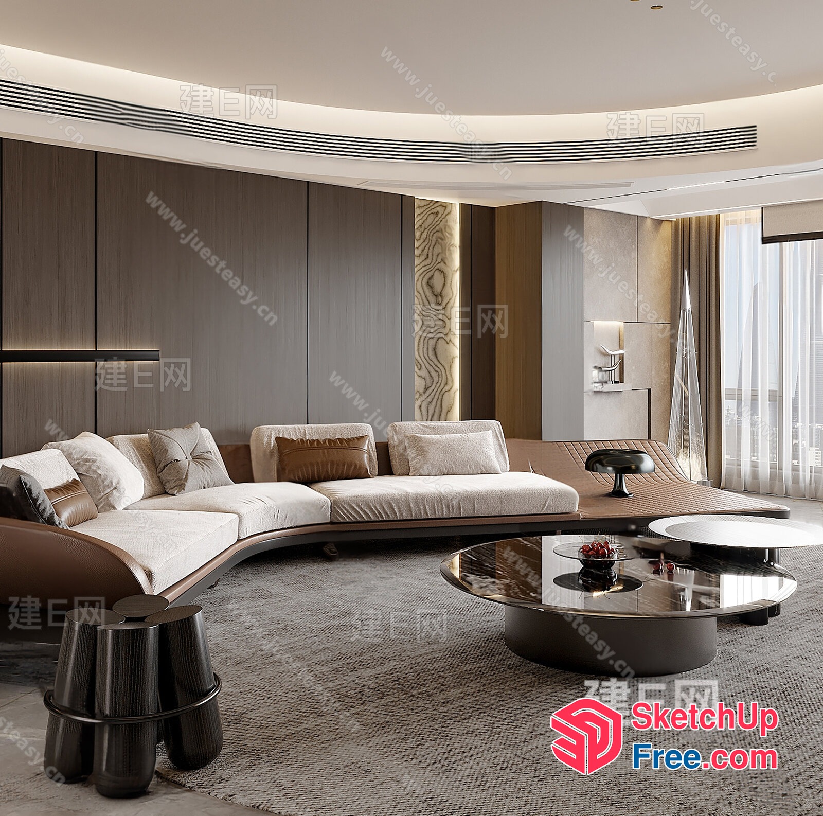 Modern Living Room With Curved Sofa And Coffee Tables 3D SketchUp File
