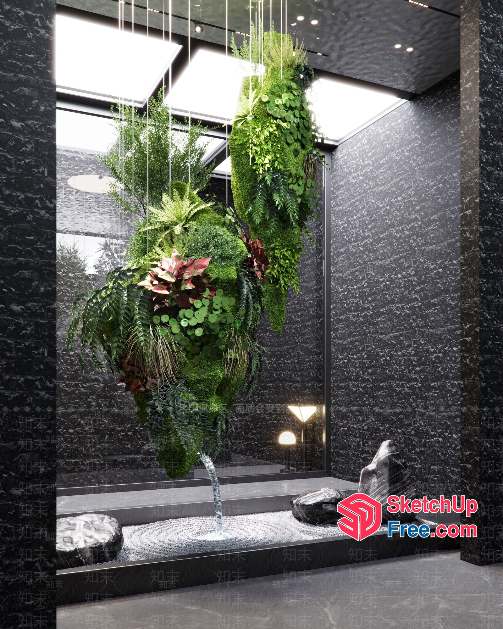 Modern Zen Garden With Hanging Moss And Plants 3D SketchUp File