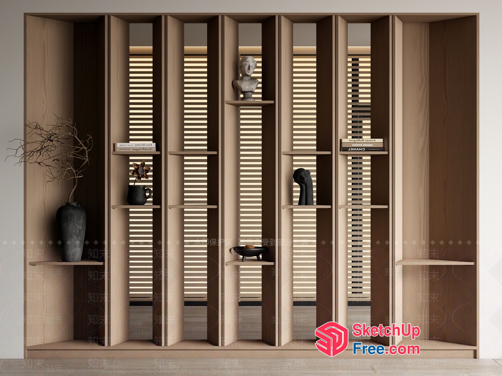 Elegant Wooden Shelving Unit With Decorative Items 3D SketchUp File