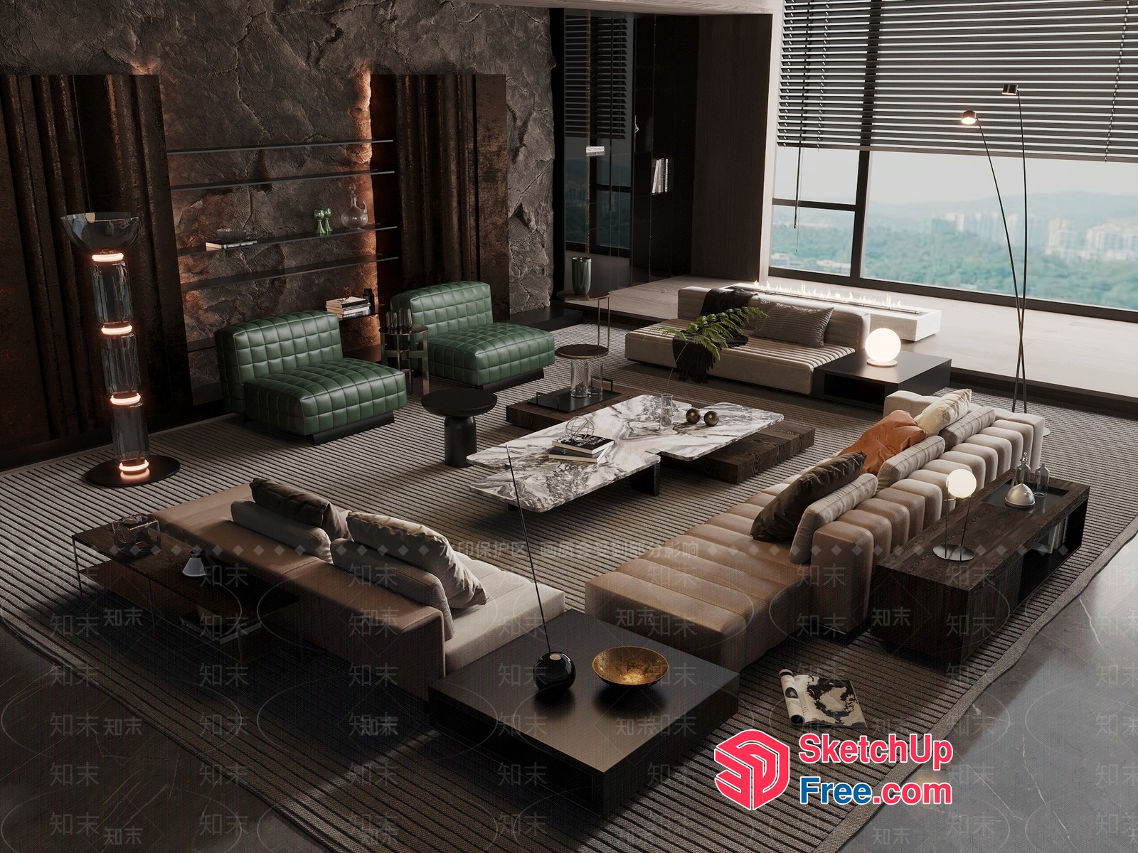 Modern Luxury Living Room With Natural Stone Wall 3D SketchUp File