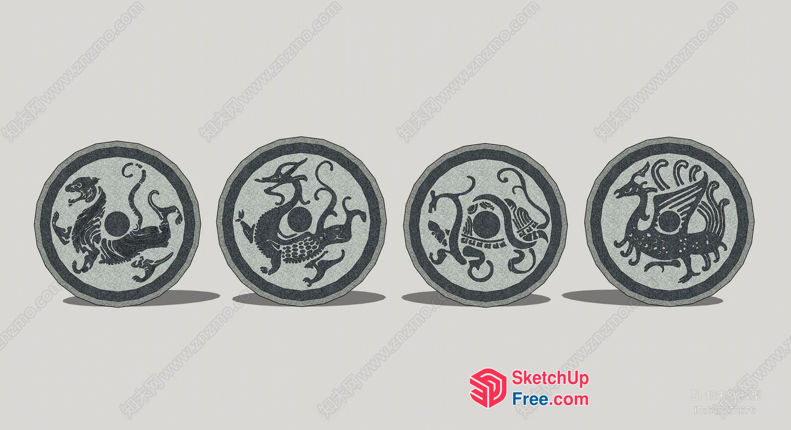 Four Asian-Style Decorative Circular Symbols 3D SketchUp File