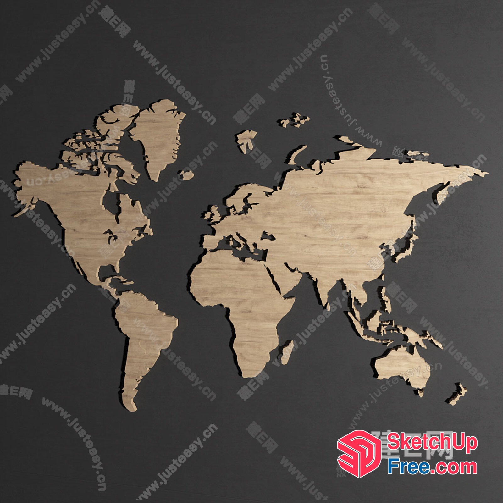 World Map Cut Out Of Wood 3D SketchUp File