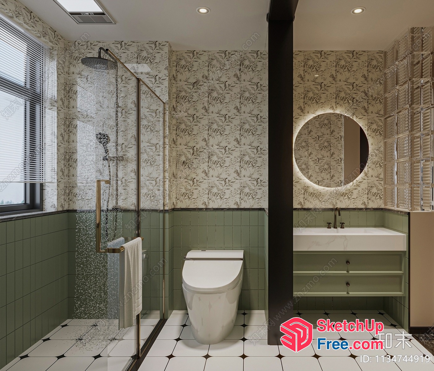 Elegant Bathroom With Floral Wallpaper And White Tile 3D SketchUp File
