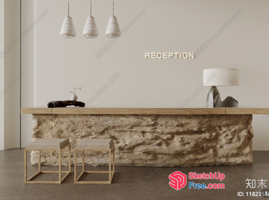 Modern Reception Desk With Natural Stone And Wooden Accents 3D SketchUp File