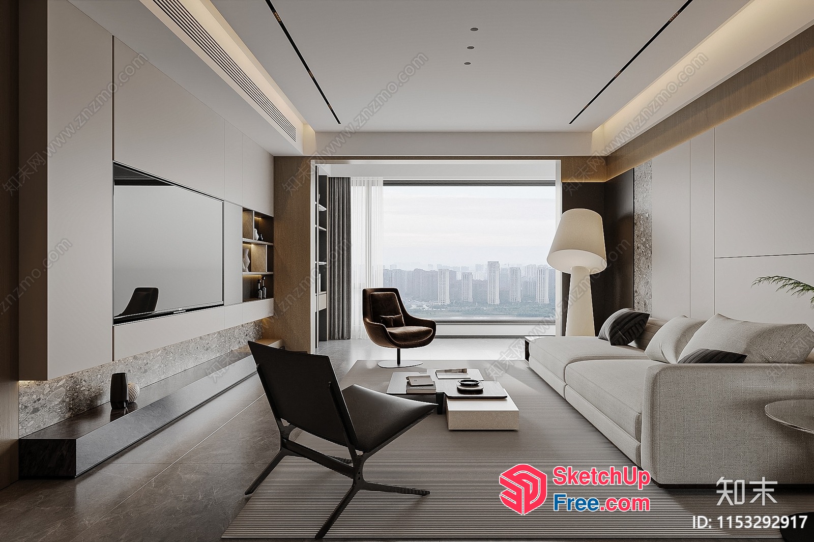 Modern Minimalist Living Room With City View 3D SketchUp File
