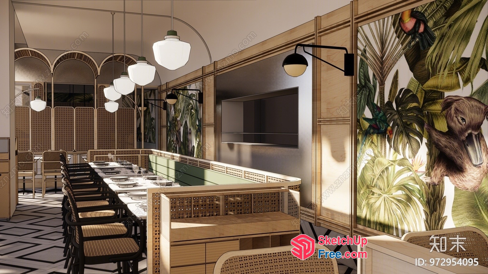 Tropical Restaurant Interior With Unique Rattan Furniture And Animal Decor 3D SketchUp File