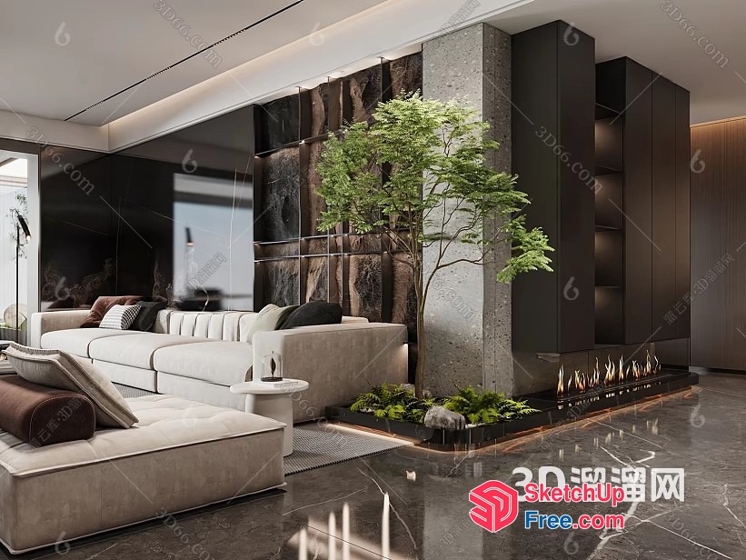 Modern Minimalist Living Room With Fireplace And Potted Plant 3D SketchUp File