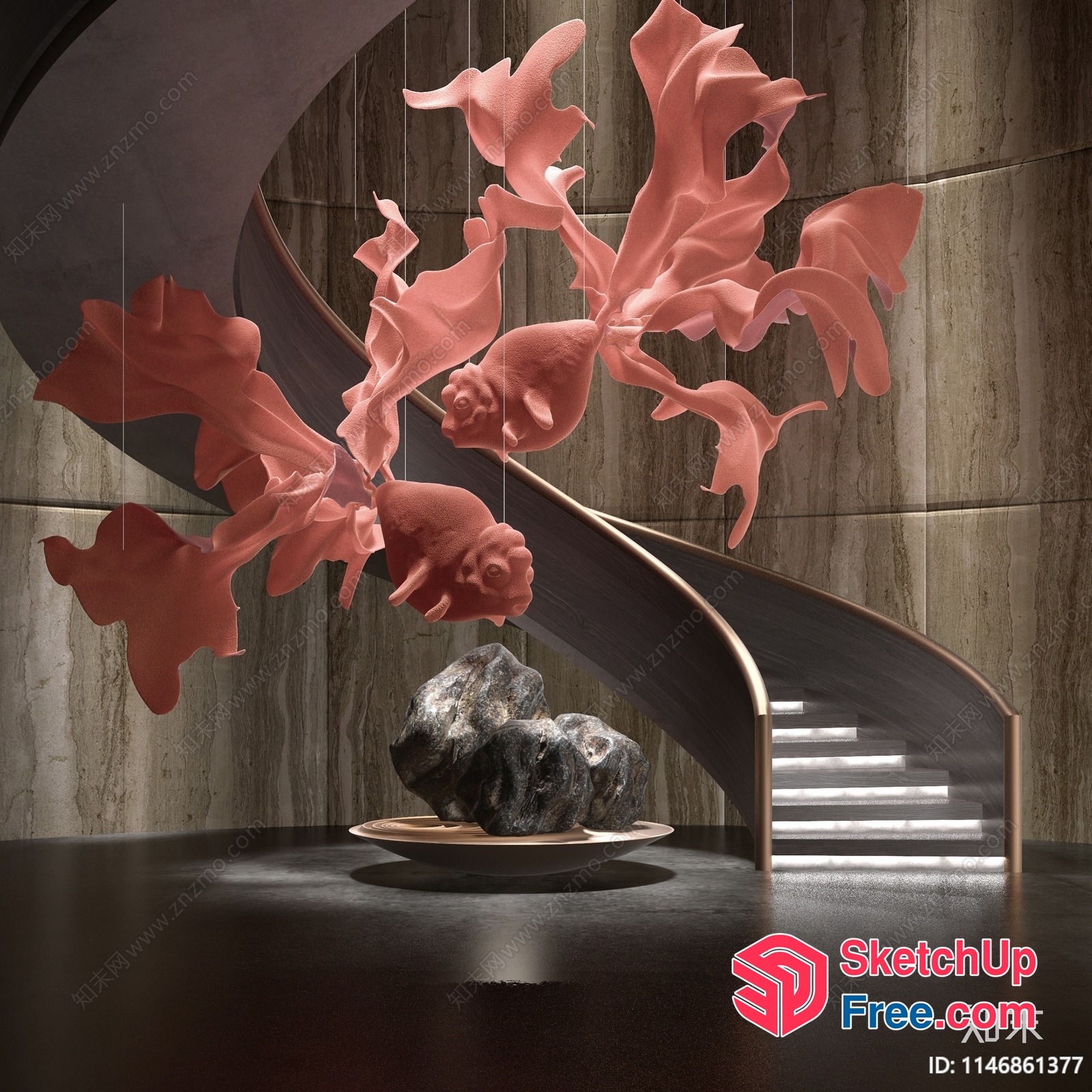 Elegant Staircase With Pink Floral Decorations 3D SketchUp File