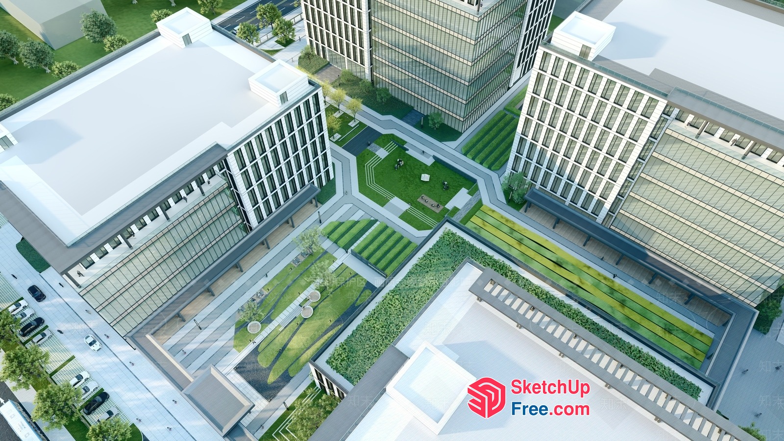 Modern Office Building With Glass Curtain Wall And Green Roof 3D SketchUp File