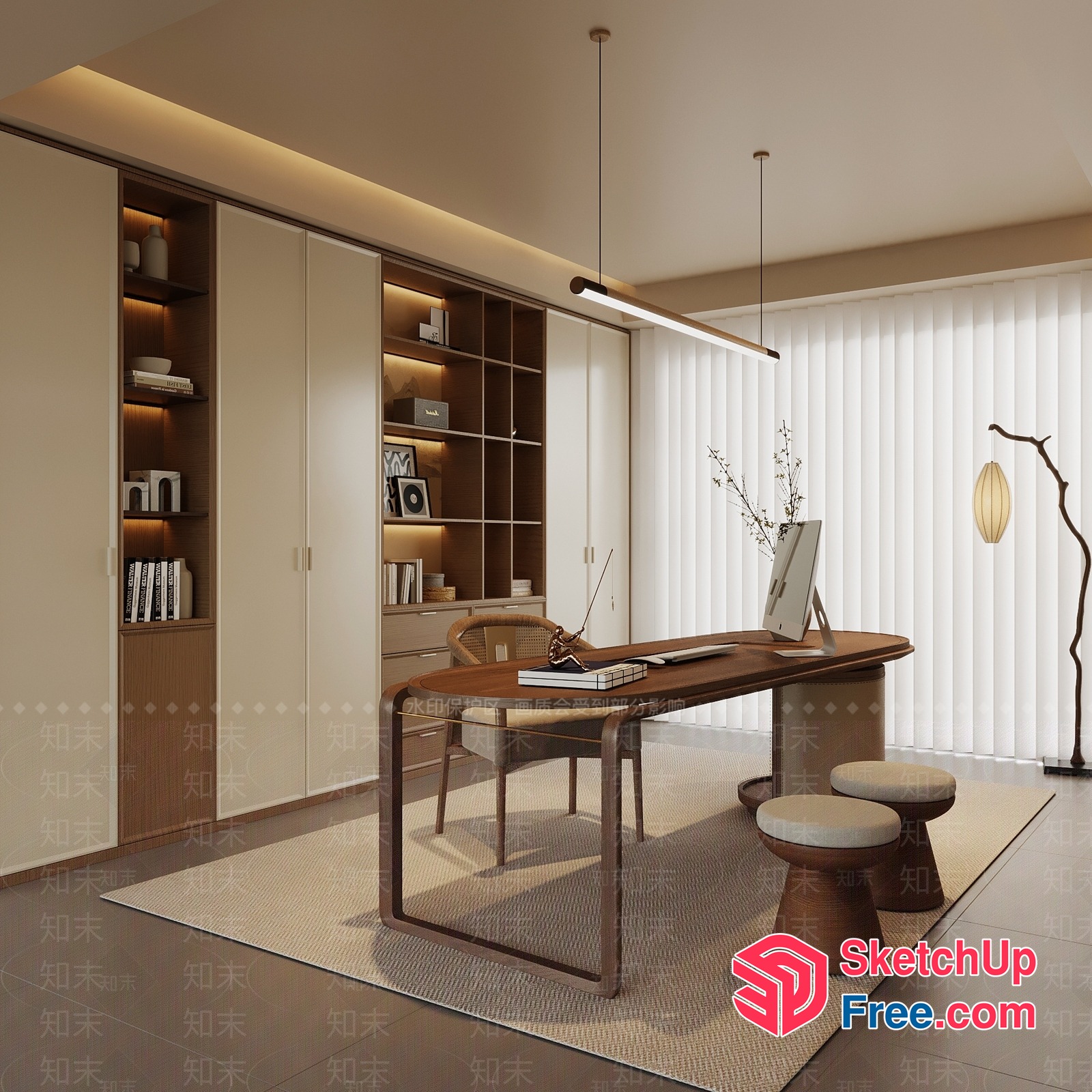 Modern Japanese-Style Home Office With Sleek Wooden Desk And Bookshelf 3D SketchUp File