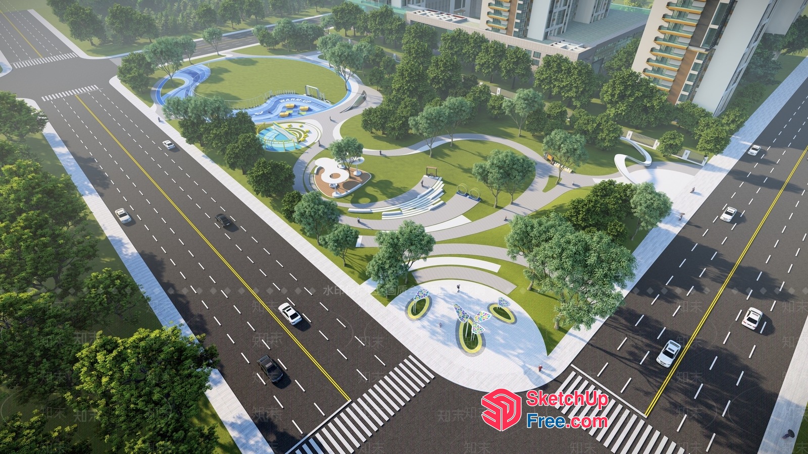 Modern Urban Park With Sleek Architecture And Green Spaces 3D SketchUp File