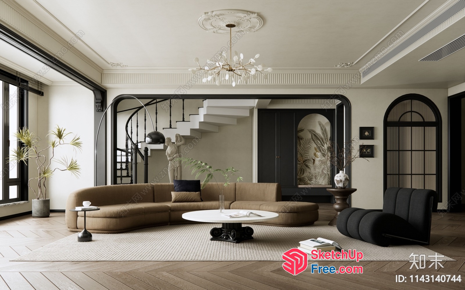 Elegant Modern Living Room With Staircase And Ornate Details 3D SketchUp File