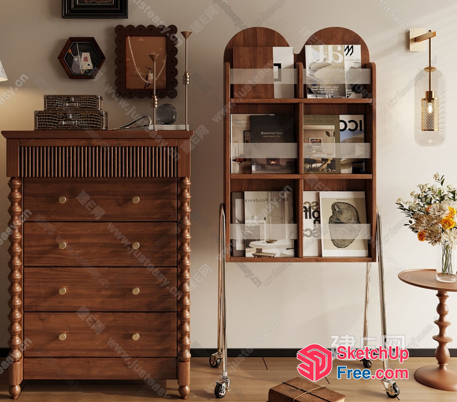 Stylish Wooden Furniture Set With Decorative Shelf 3D SketchUp File