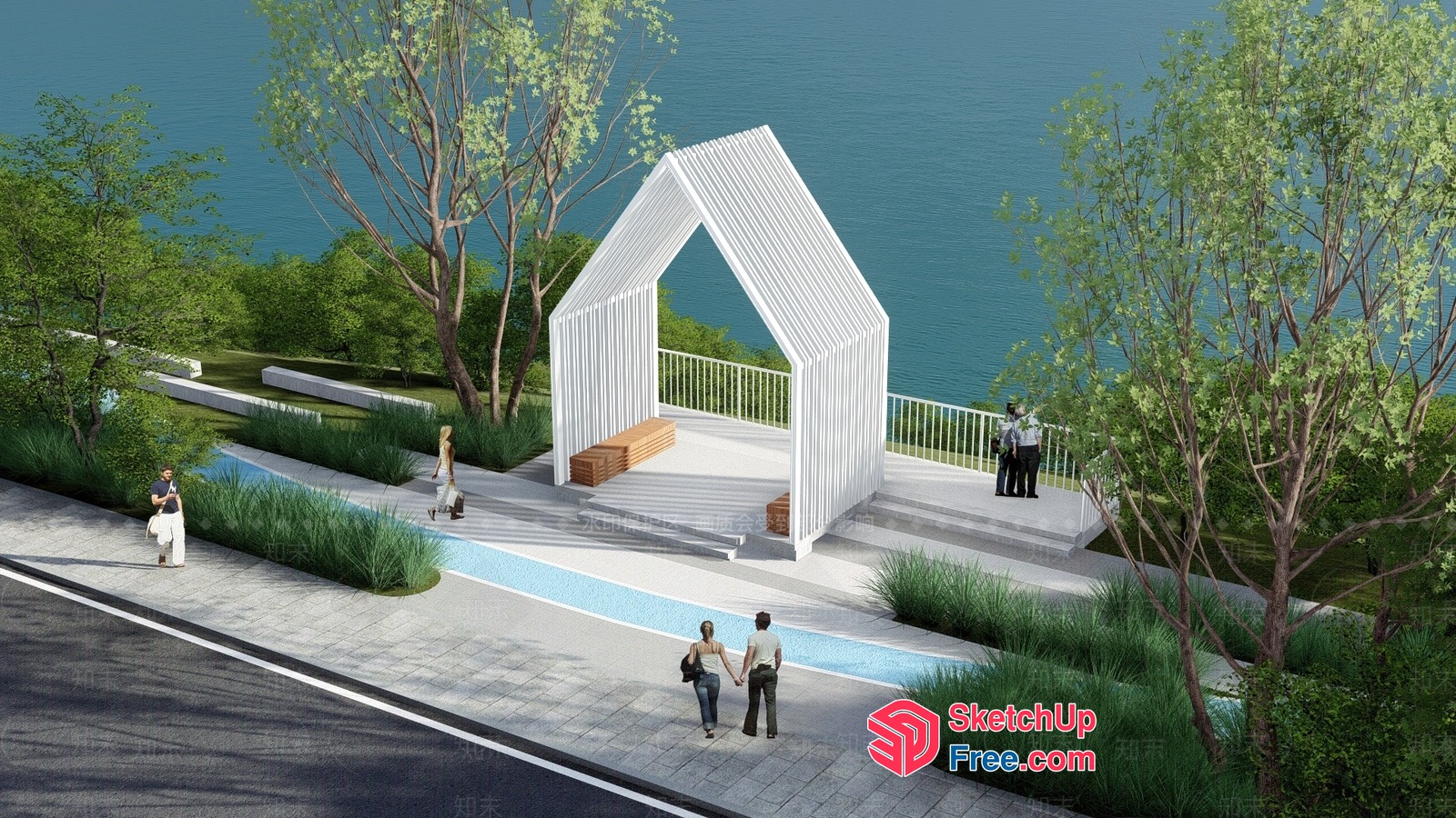 Outdoor Stage With White Archway And Water View 3D SketchUp File
