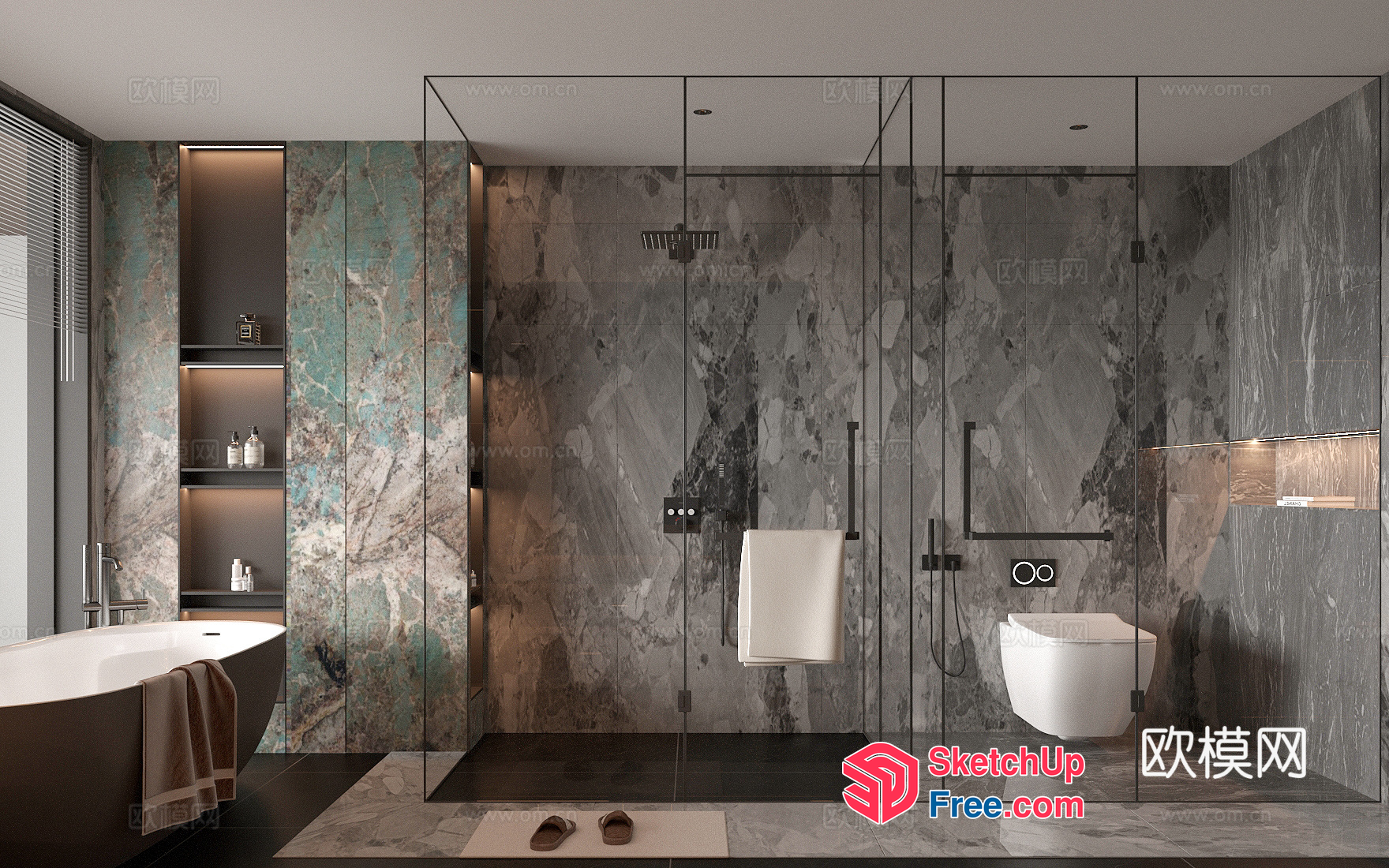Modern Bathroom With Marble Accents And Glass Shower 3D SketchUp File