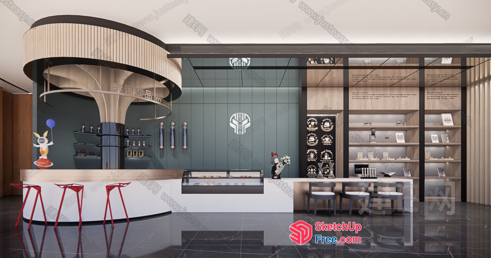 Modern Restaurant Interior With Unique Bar And Display Shelves 3D SketchUp File