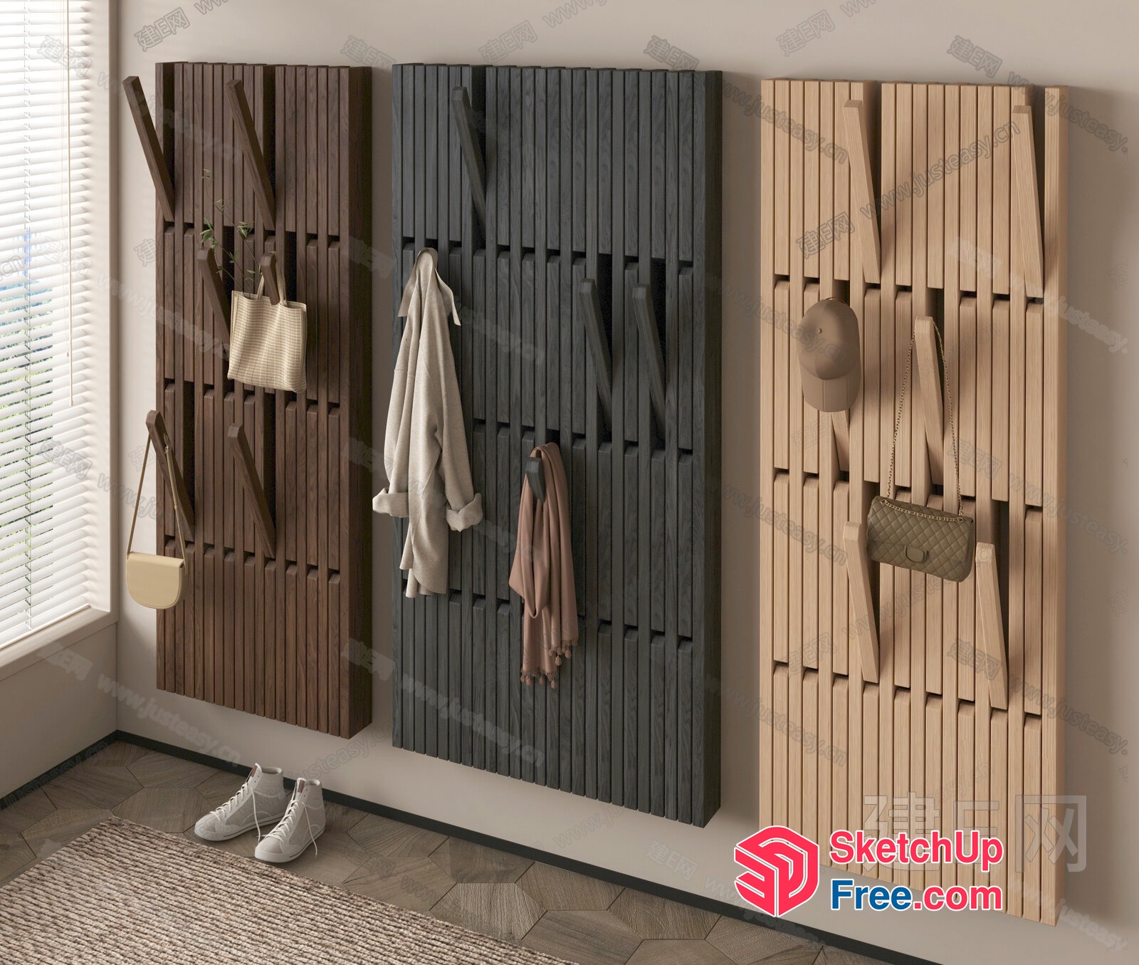 Modern Wooden Wall Decor With Hanging Hooks 3D SketchUp File