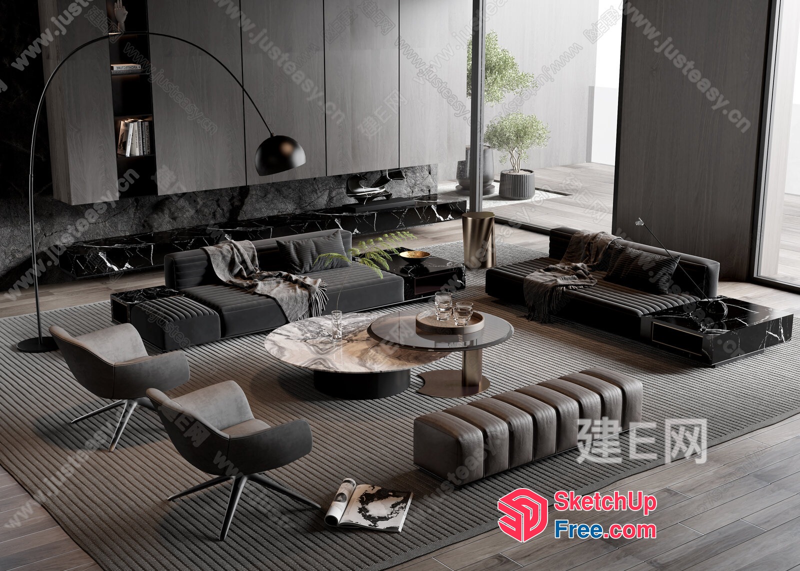 Modern Living Room With Dark Colors And Natural Light 3D SketchUp File