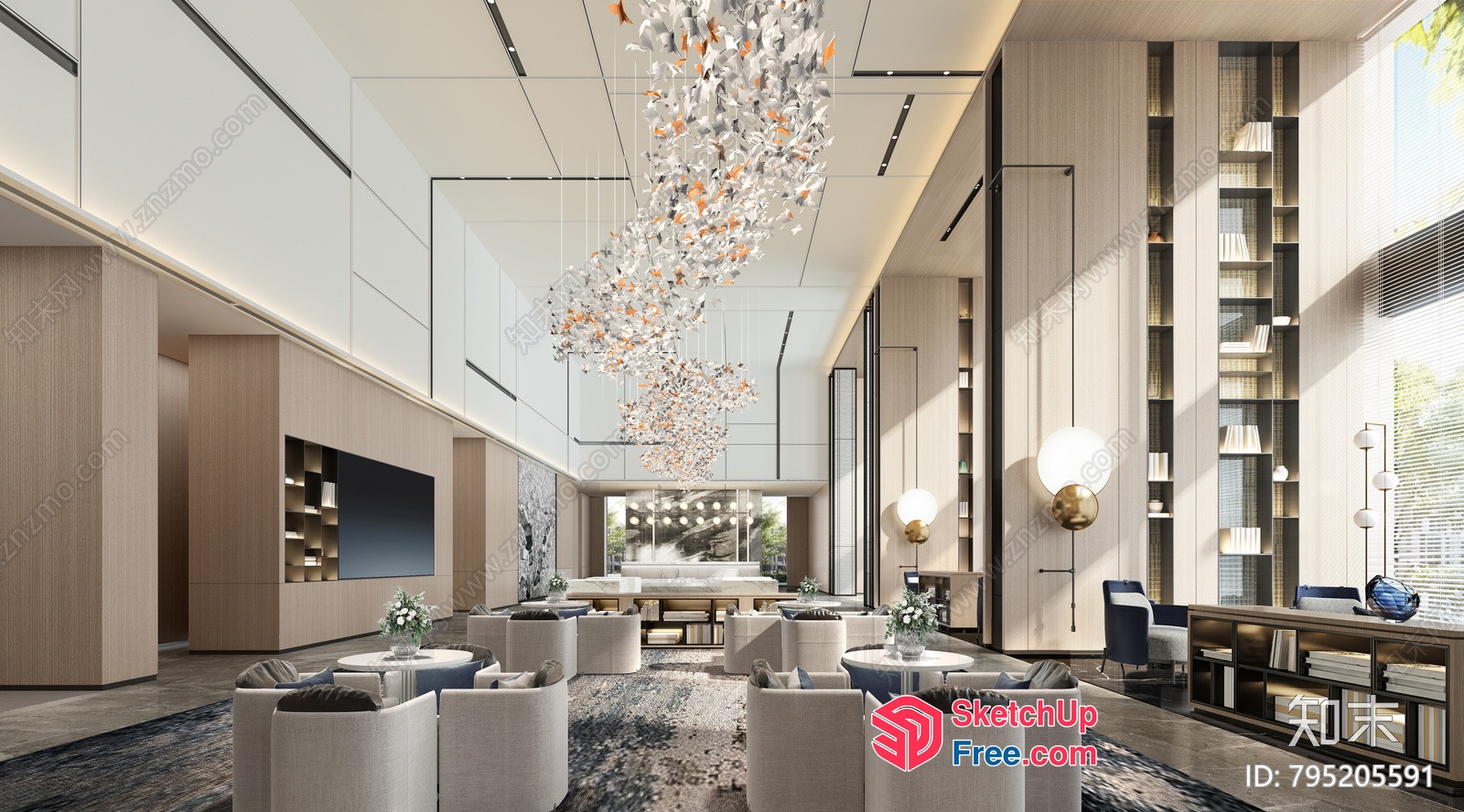 Modern Interior With High Ceiling And Large Chandelier 3D SketchUp File