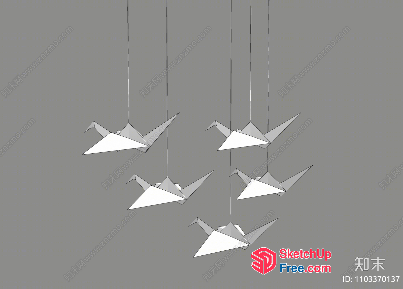 White Origami Cranes Hanging From The Ceiling 3D SketchUp File