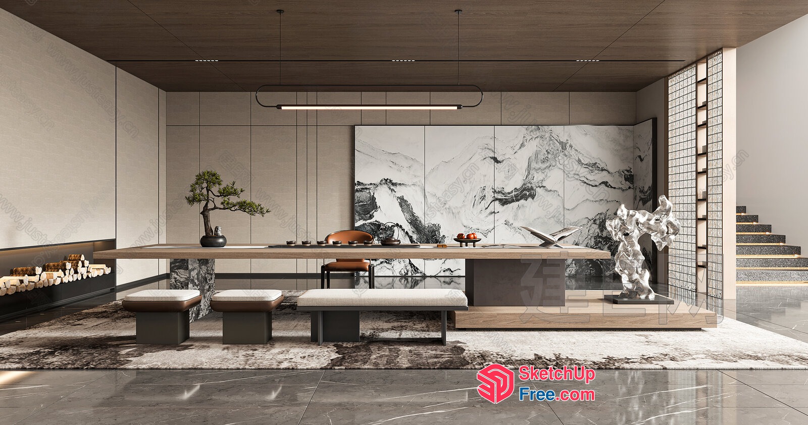 Elegant Modern Minimalist Japanese Style Office Interior 3D SketchUp File