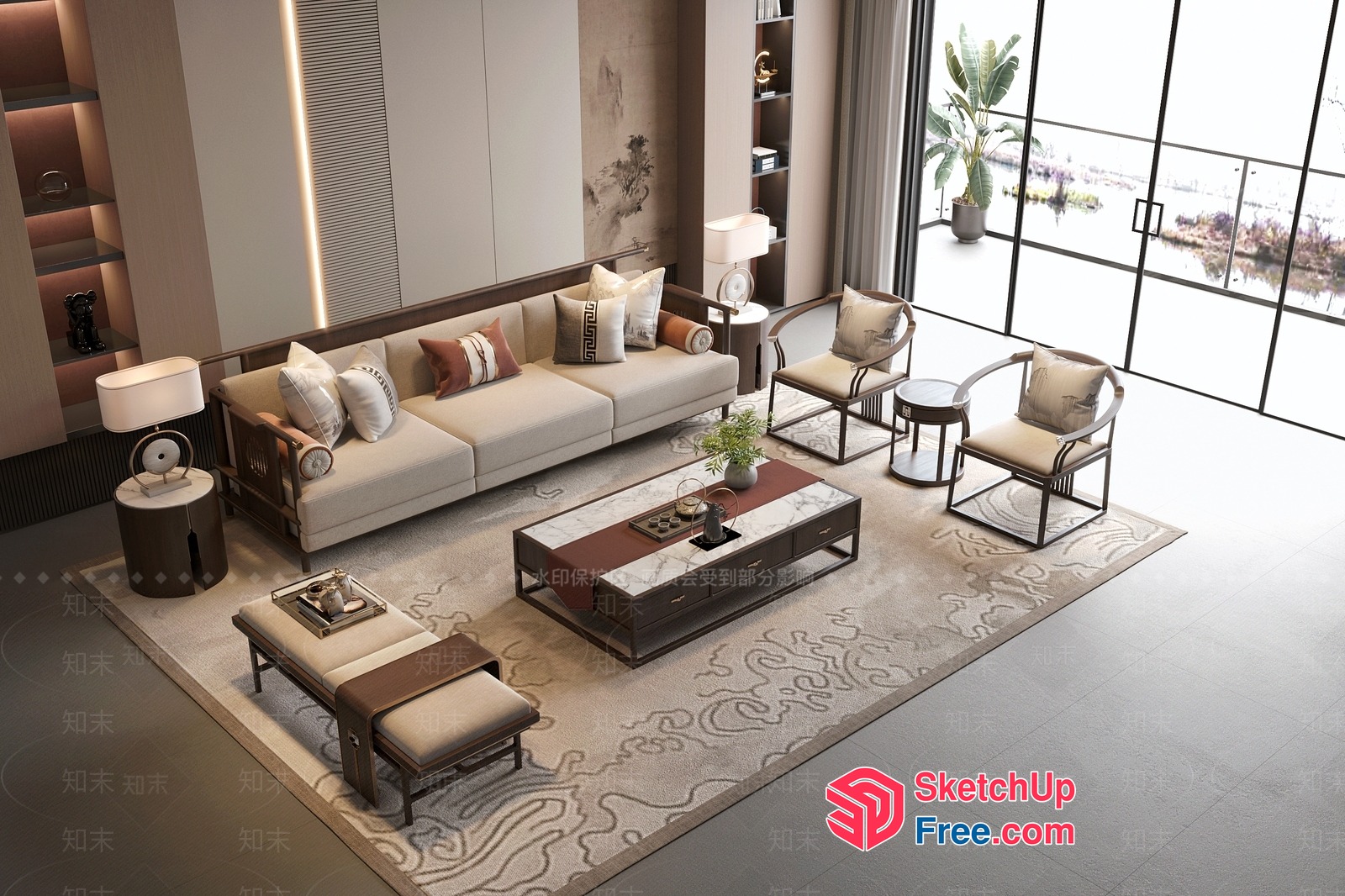 Elegant Living Room With Creamy Style Sofa And Wooden Furniture 3D SketchUp File