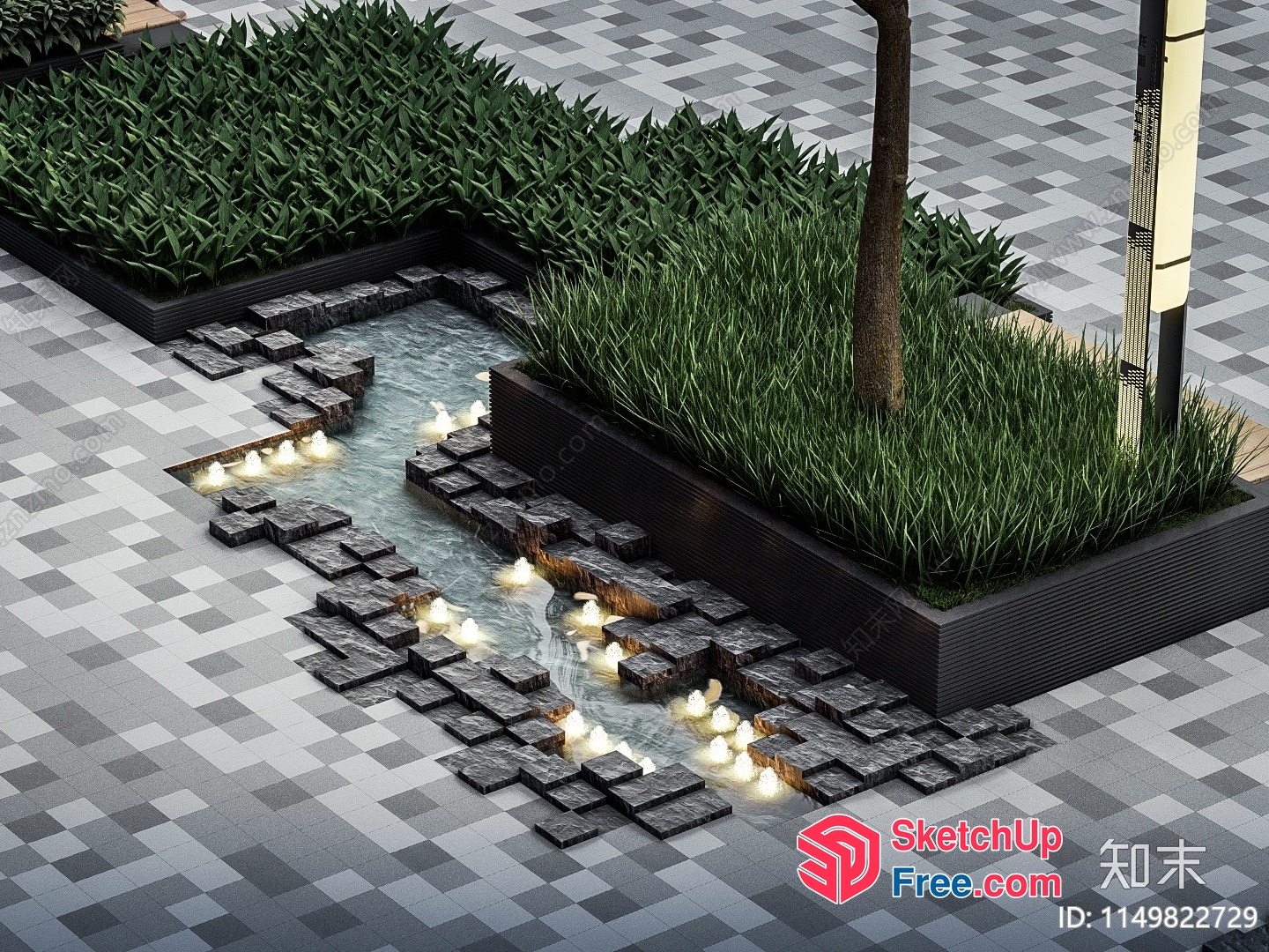 Modern Water Feature With Stone And Grass Decor 3D SketchUp File