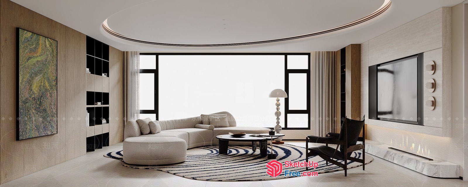 Modern Living Room With Circular Ceiling And Fireplace 3D SketchUp File