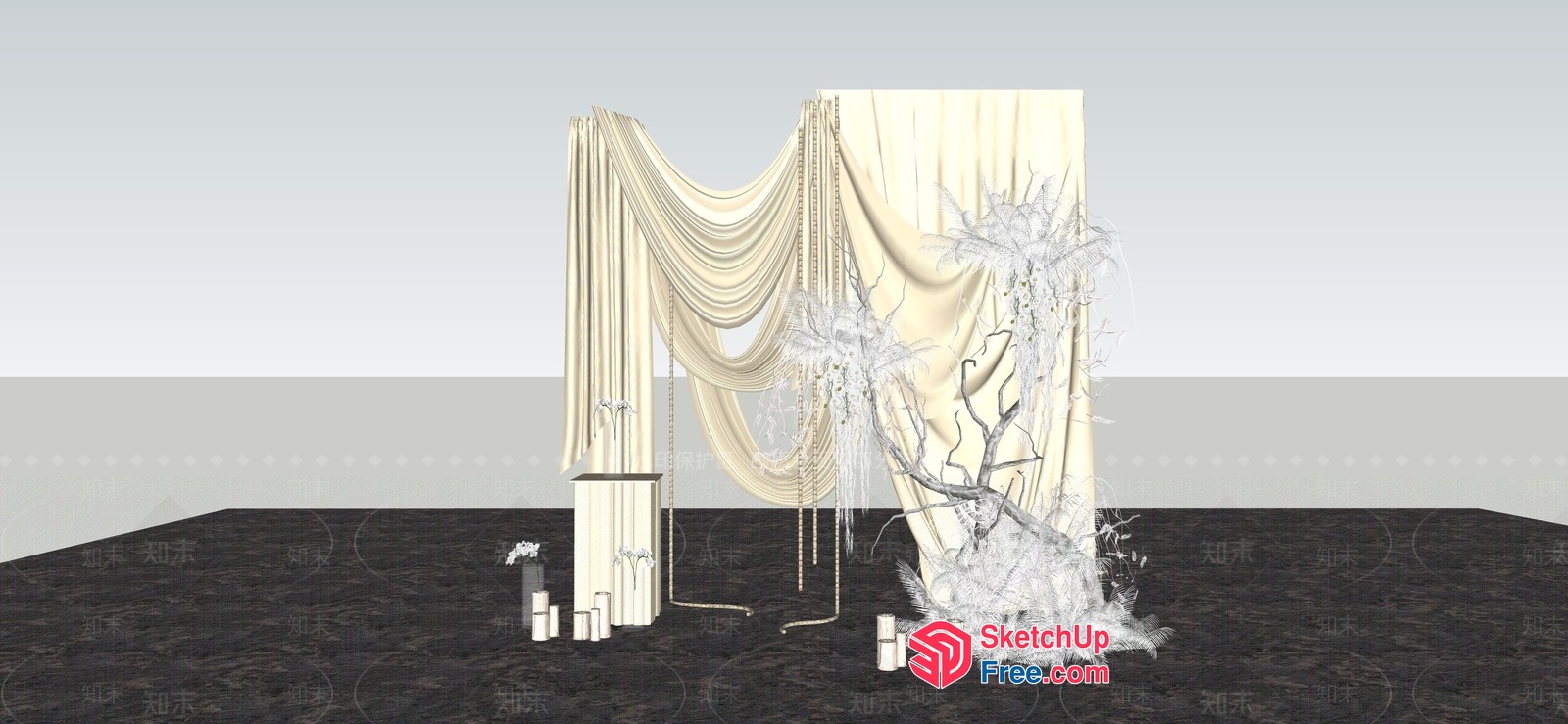 Elegant White Curtain And Pillar Decor 3D SketchUp File