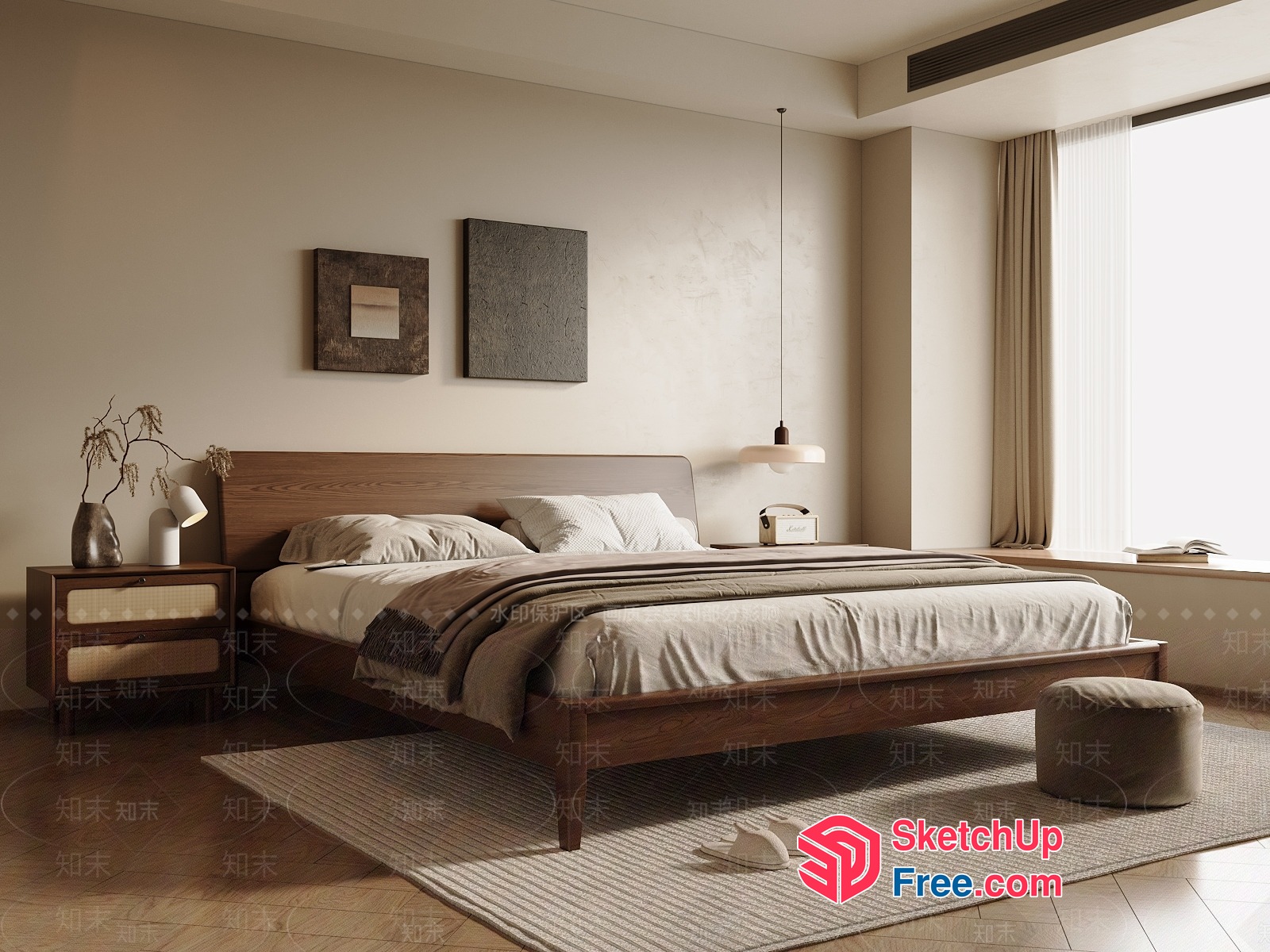 Minimalist Bedroom Design With Wooden Bed And Nightstand 3D SketchUp File