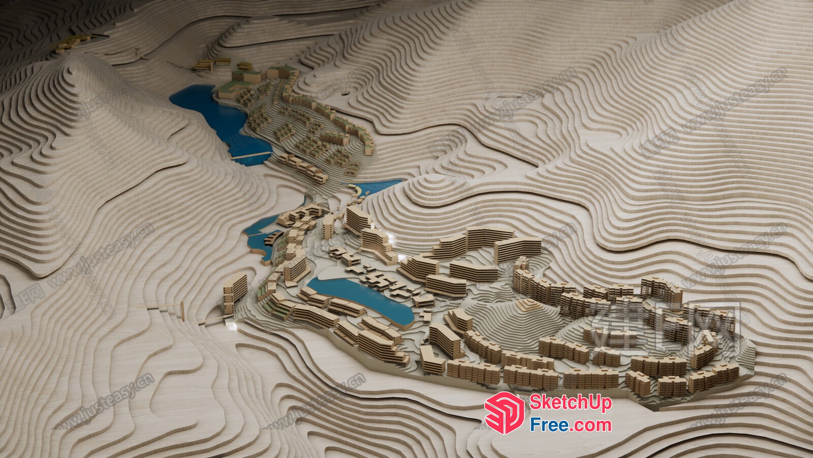 3D Model Of A Village With A River And Buildings 3D SketchUp File