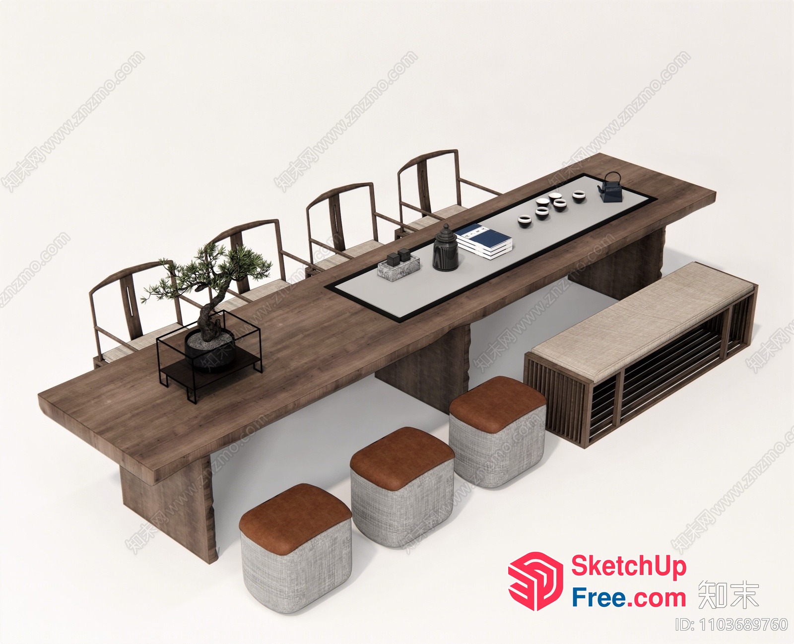 Modern Dining Room With Wooden Table And Stools 3D SketchUp File