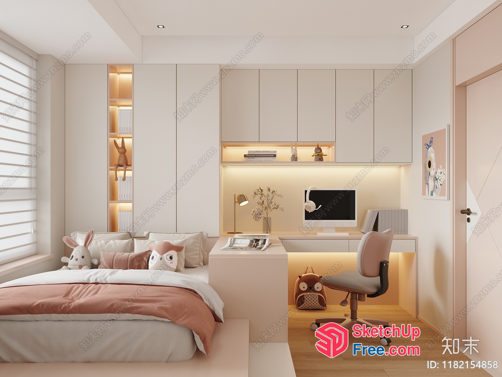 Modern Minimalist Bedroom With White And Pink Accents 3D SketchUp File