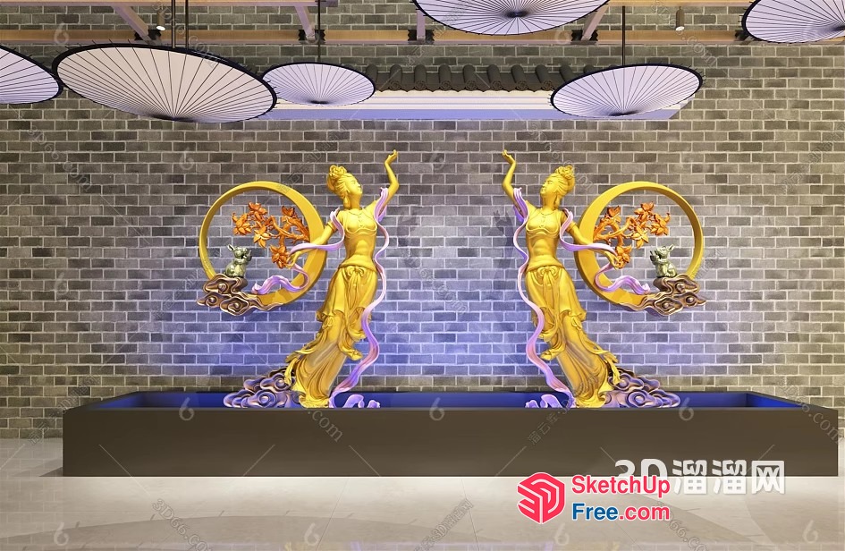 Two Golden Statues In Front Of A Brick Wall 3D SketchUp File
