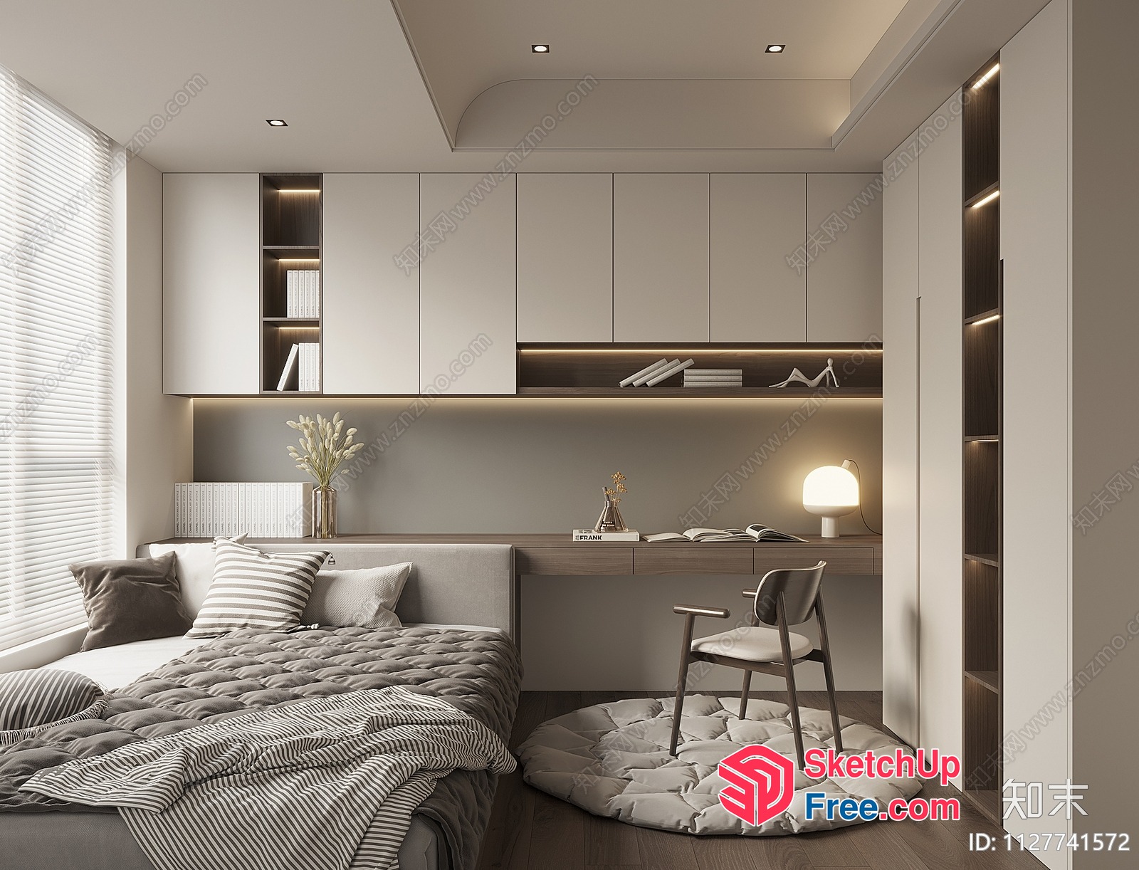 Modern Minimalist Bedroom With Built-In Shelves And Desk 3D SketchUp File
