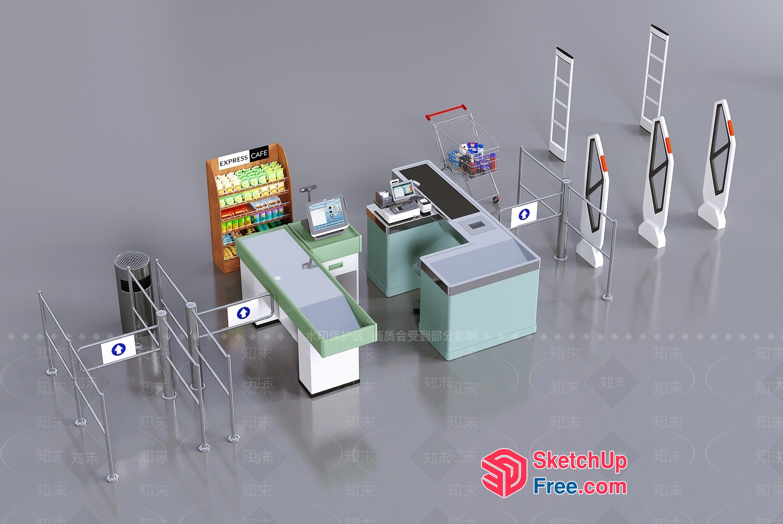 Modern Retail Space With Shopping Carts And Registers 3D SketchUp File