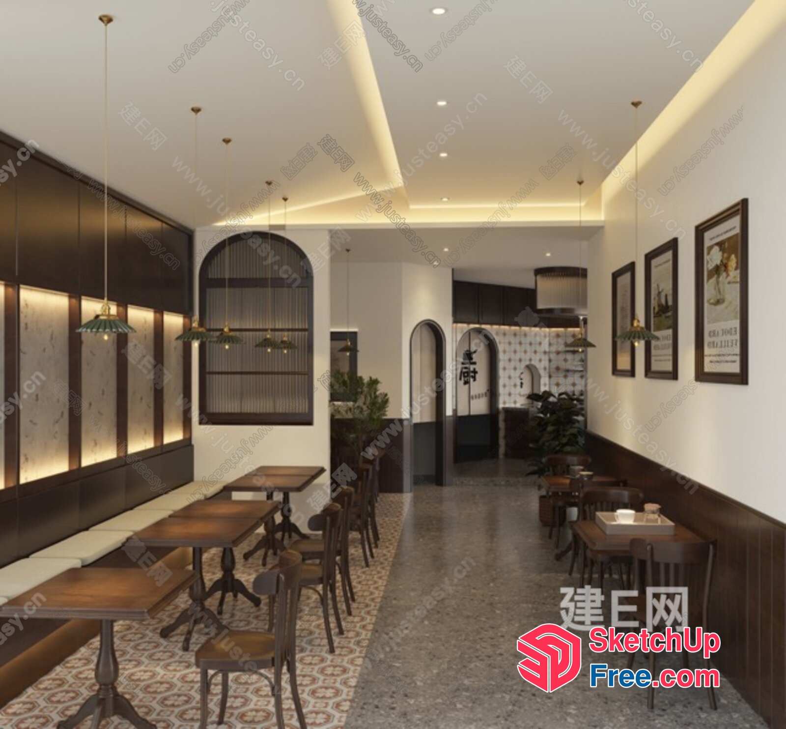 Modern Dining Room Interior With Patterned Flooring And Arched Doorways 3D SketchUp File