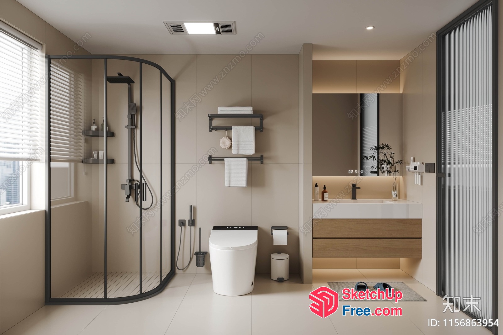 Modern Bathroom With White Toilet And Shower 3D SketchUp File