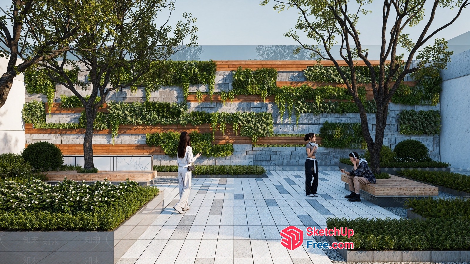 Elegant Modern Outdoor Garden With Stone And Wood Features 3D SketchUp File