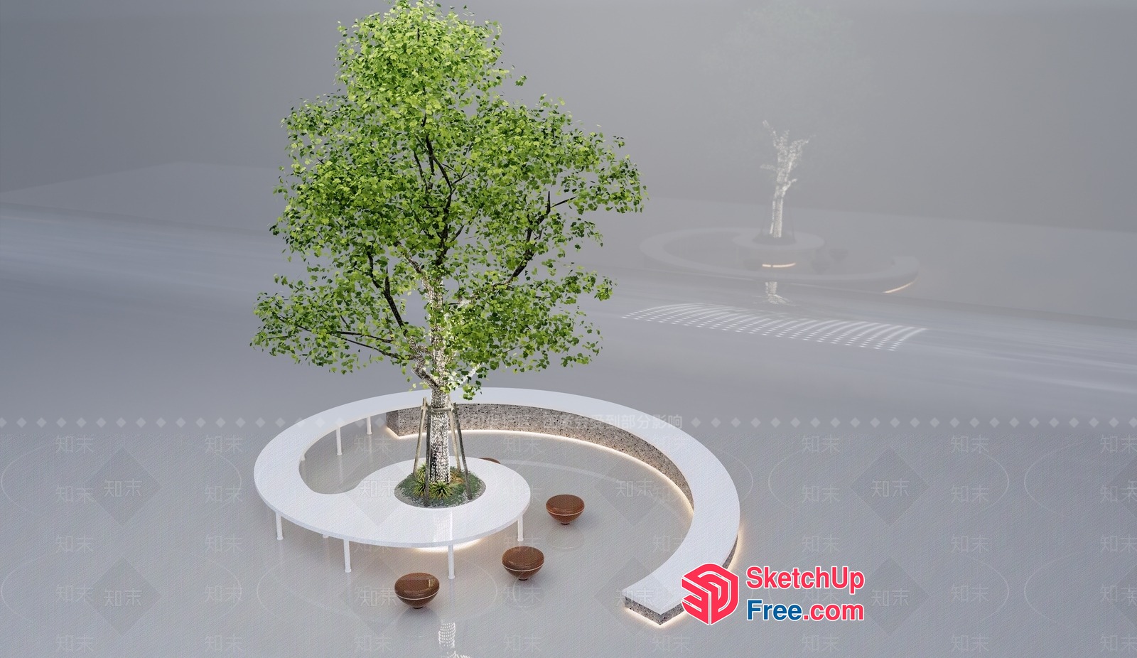 Tree-Centered Interior With White And Brown Decor 3D SketchUp File