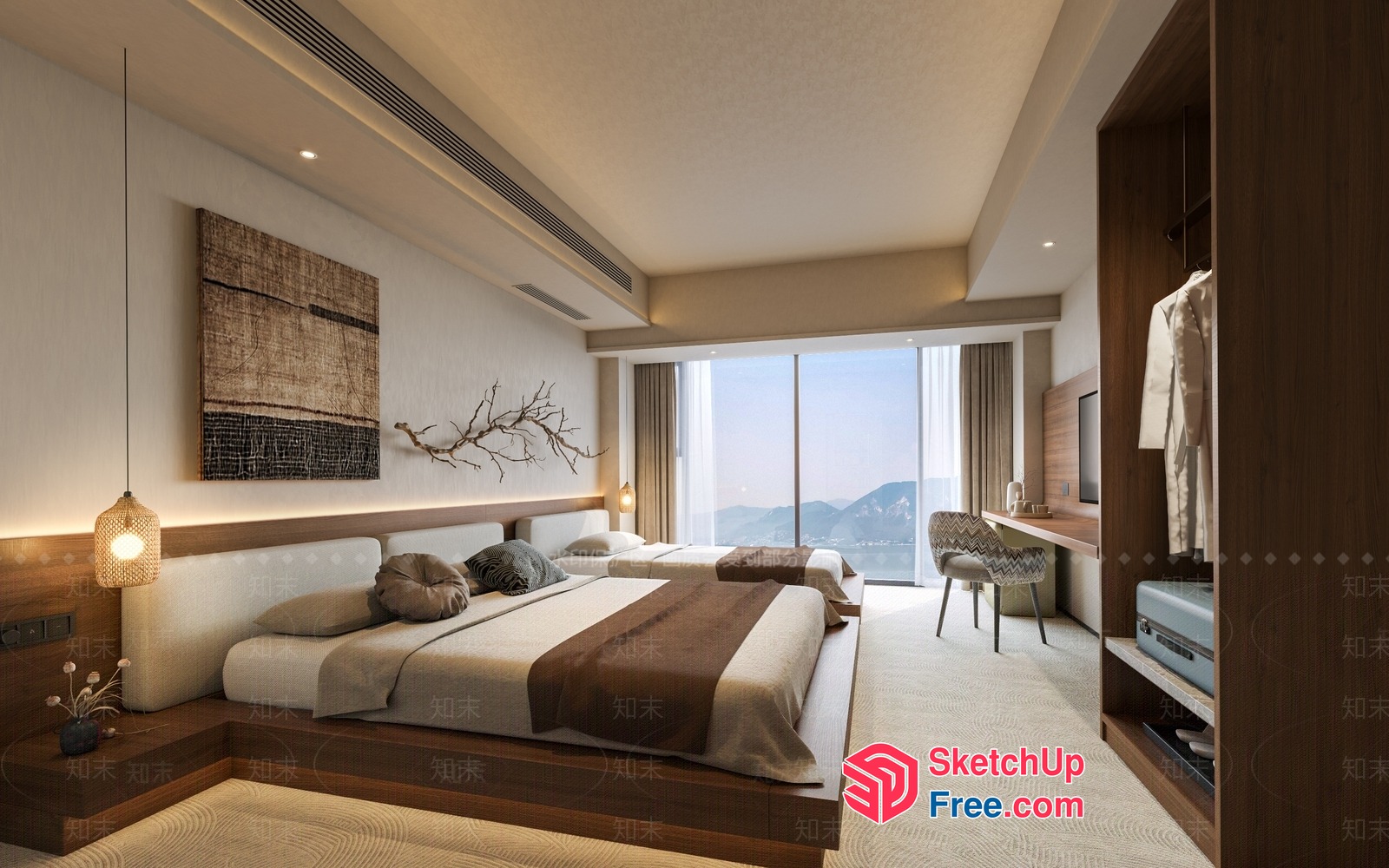 Modern Japanese-Style Bedroom With A Stunning Mountain View 3D SketchUp File