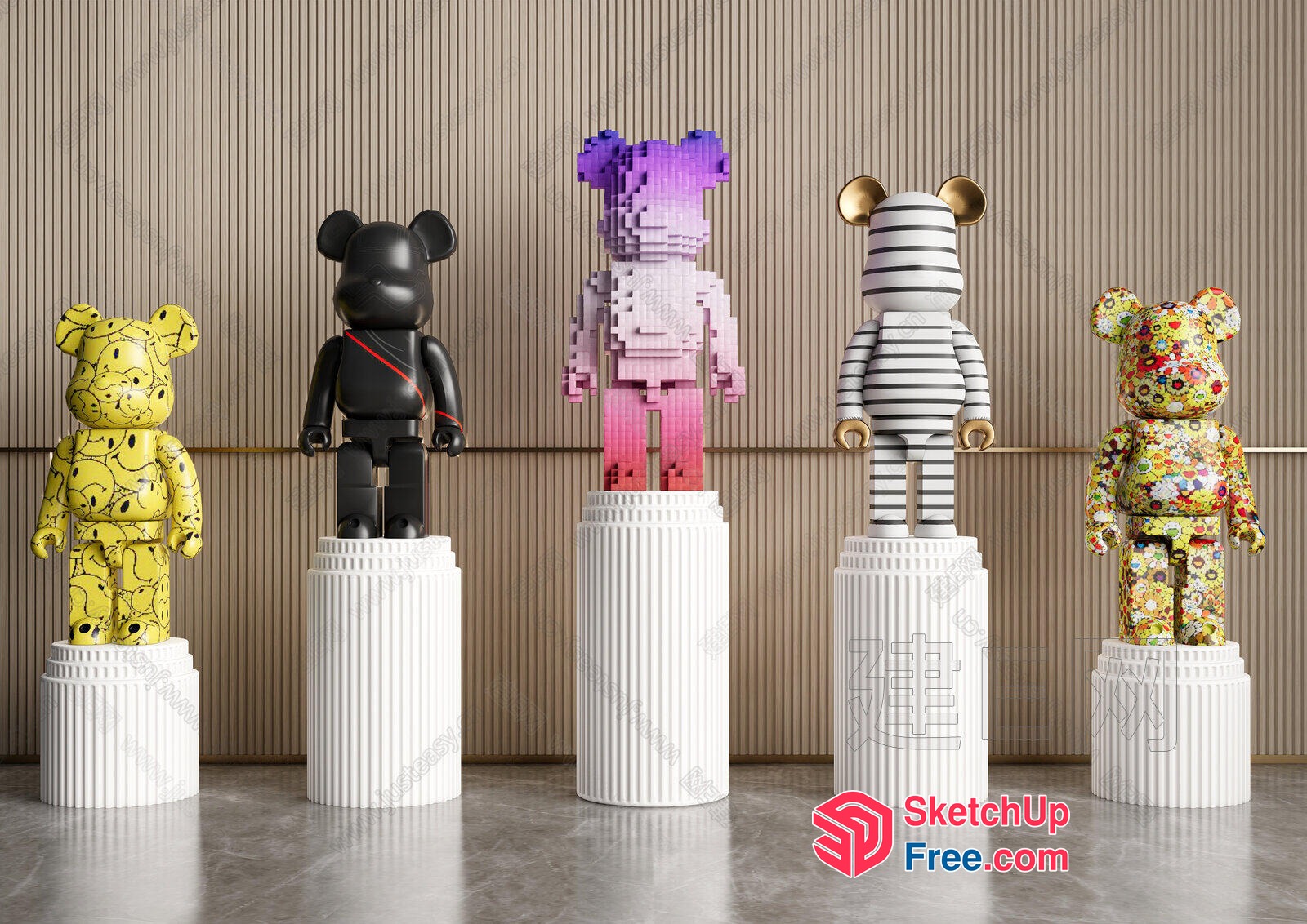Five Unique Bear Sculptures On Pedestals 3D SketchUp File