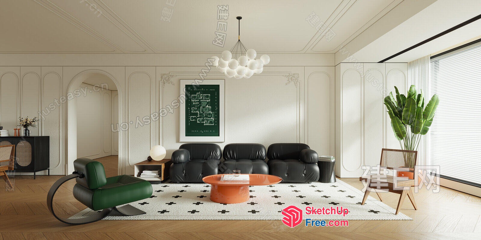 Modern Minimalist Living Room With Green And White Accents 3D SketchUp File