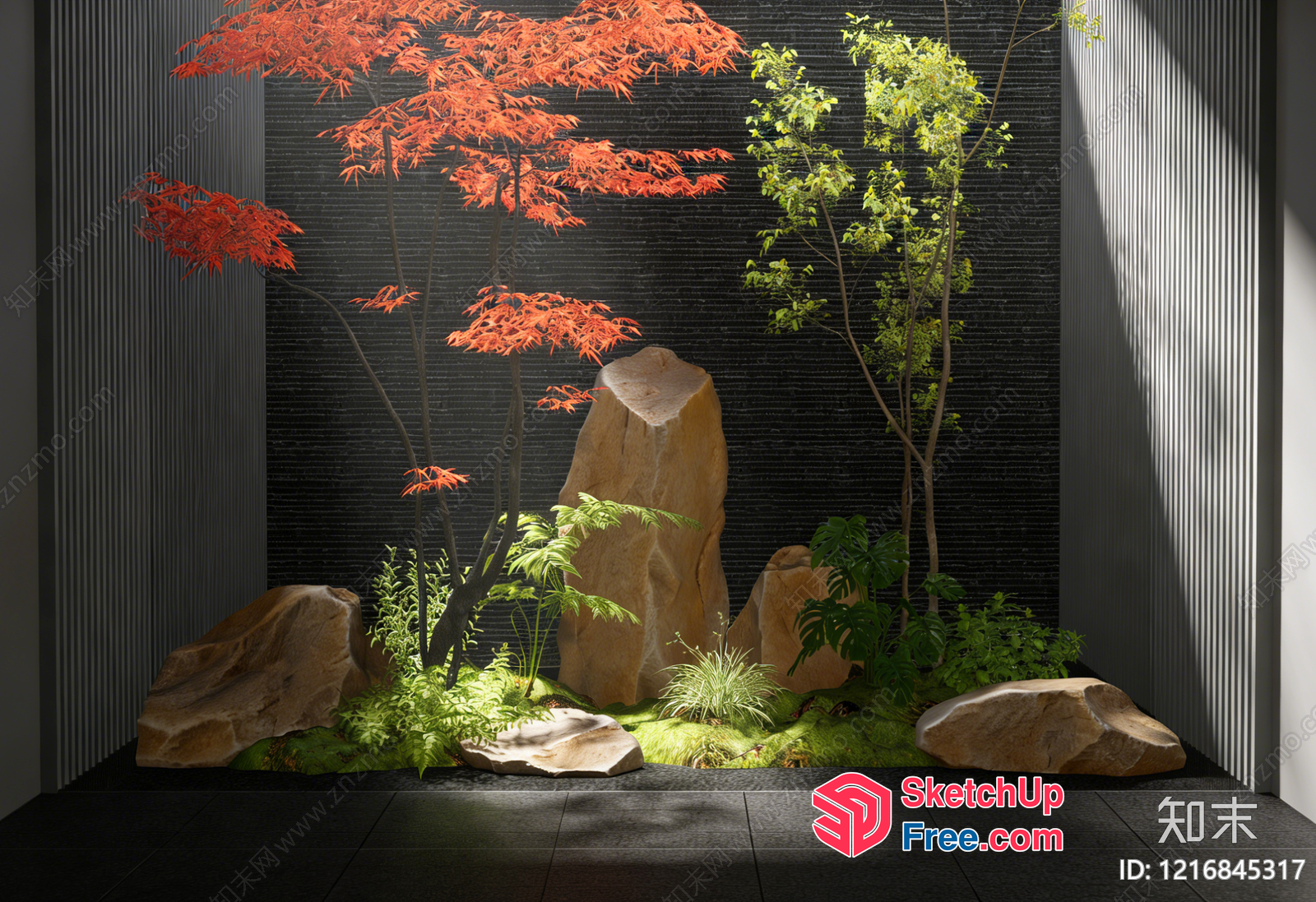Modern Japanese Garden With Vibrant Red Maple Trees 3D SketchUp File