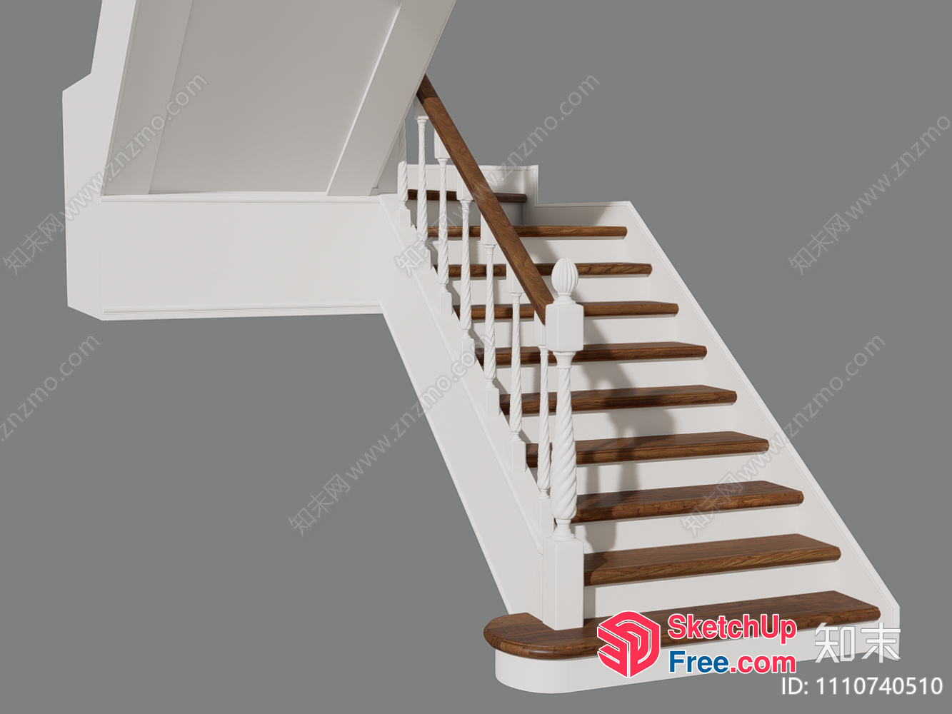 Classic Staircase With Wooden Steps And White Railing 3D SketchUp File