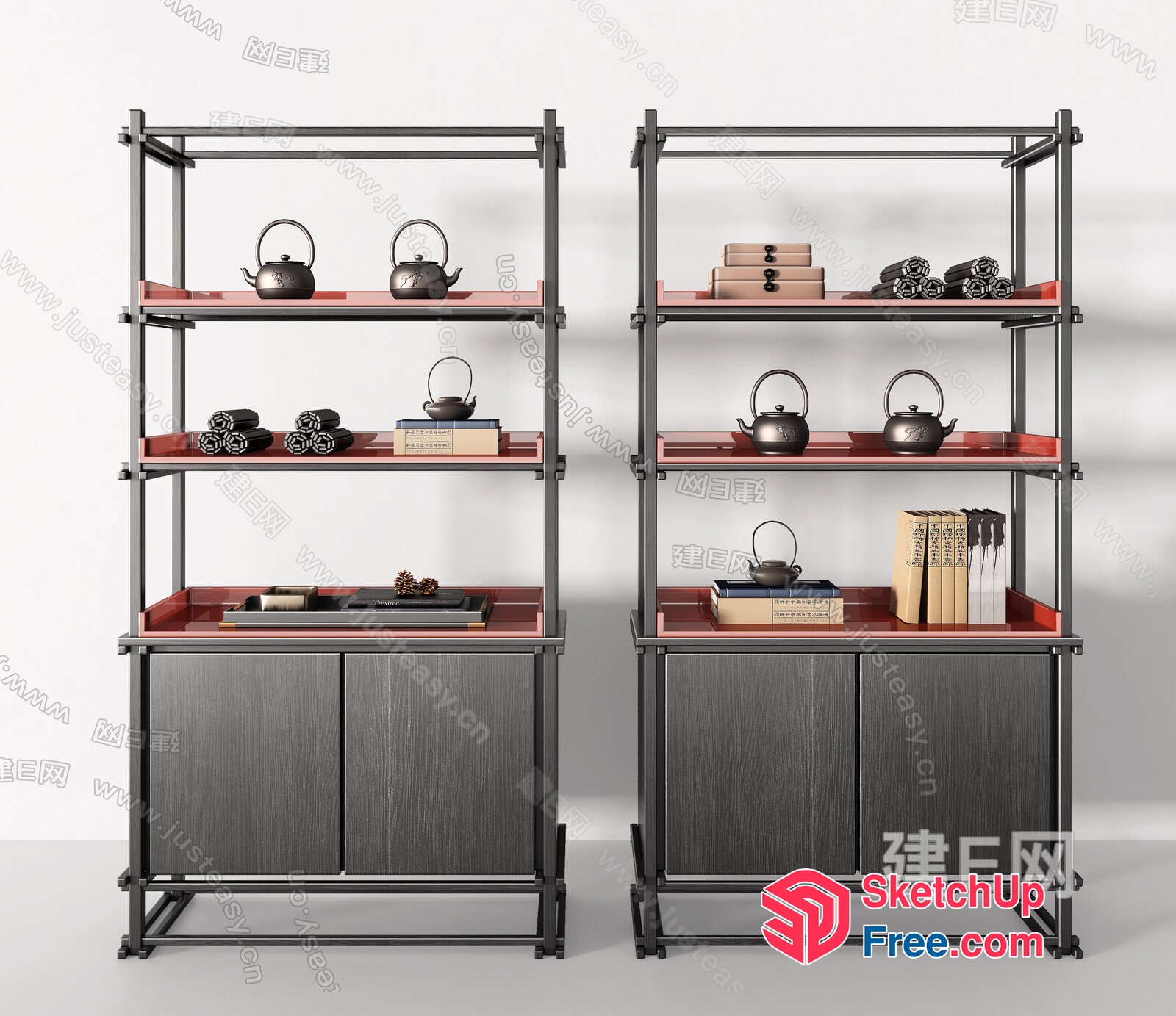 Modern Shelving Units With Tea Sets And Books 3D SketchUp File