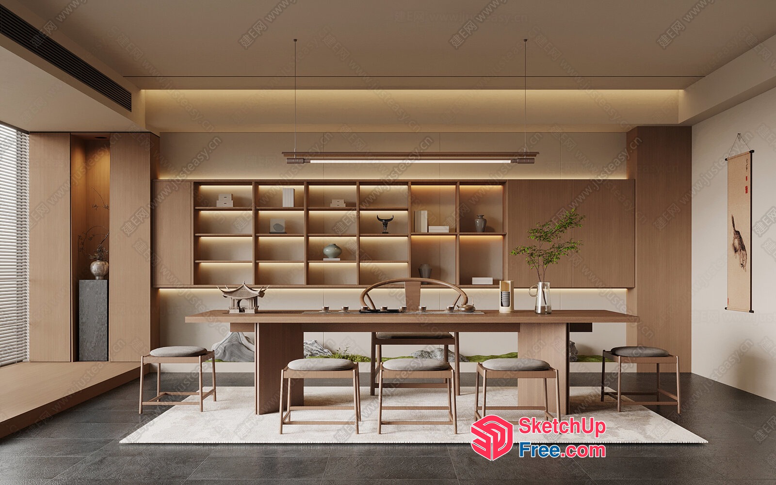 Minimalist Japanese Style Dining Room With Modern Shelving 3D SketchUp File